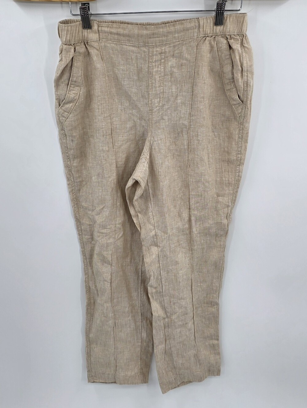 Nicole Miller 100% Linen Pants Sz M Beige Tan Resort Cruise Beachy Relaxed Slim